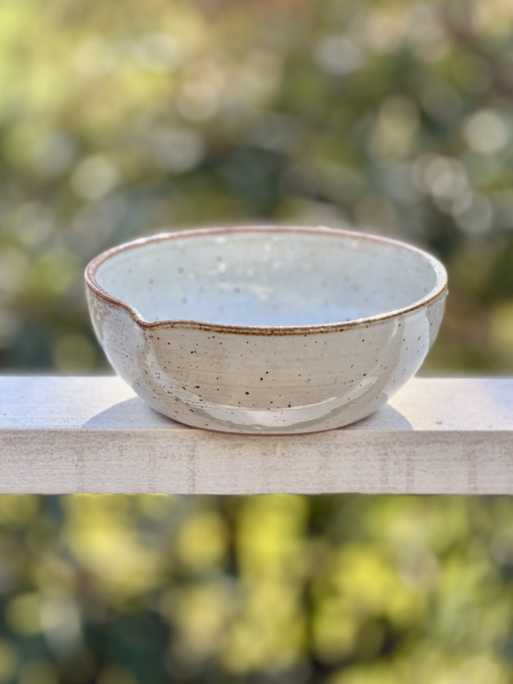 Stoneware White Speckled medium “Pour Bowl”/macha bowl, handmade by Suzanne Luna