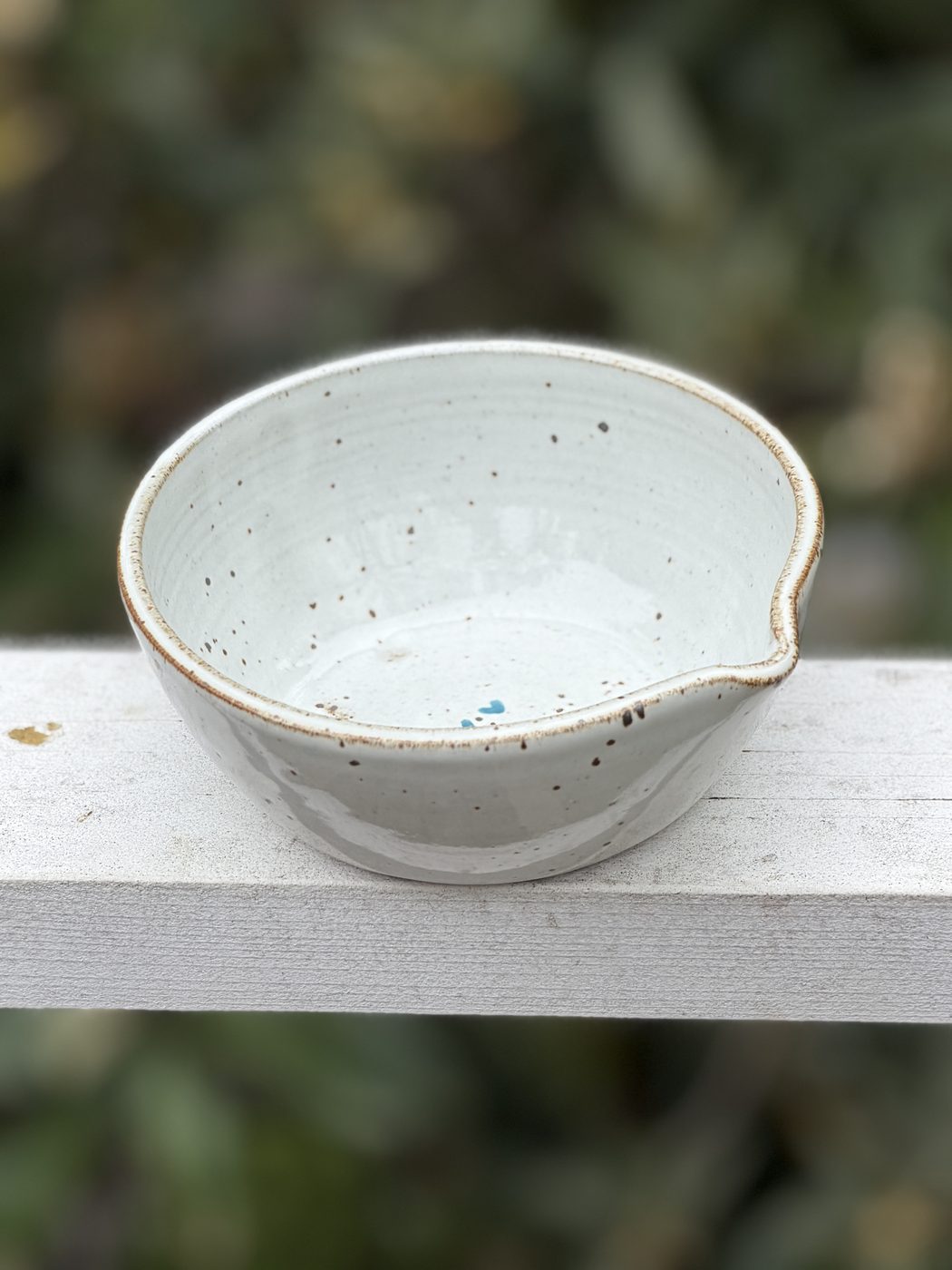 Stoneware White Speckled medium “Pour Bowl”/macha bowl with two hearts, handmade by Suzanne Luna