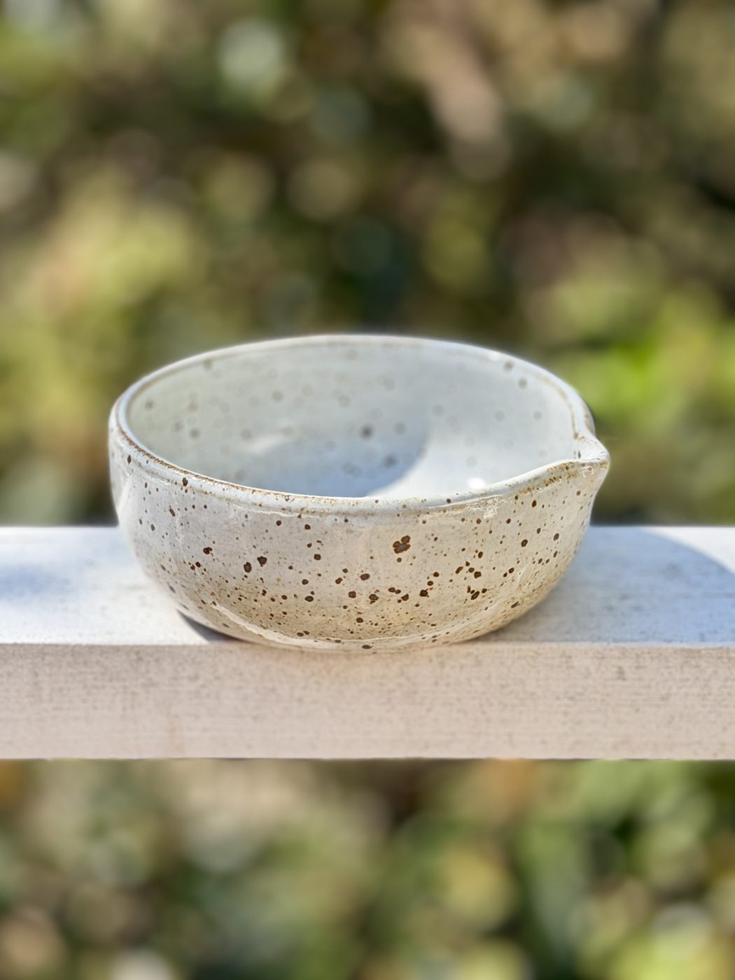 Stoneware White Speckled medium “Pour Bowl”/macha bowl, handmade by Suzanne Luna
