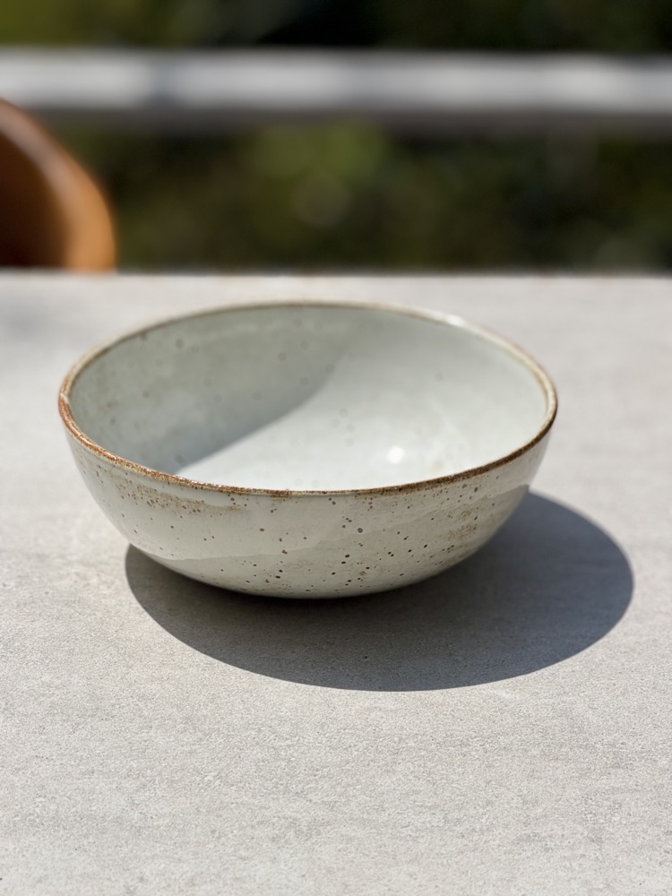 Large White speckled bowl, handmade by Suzanne Luna
